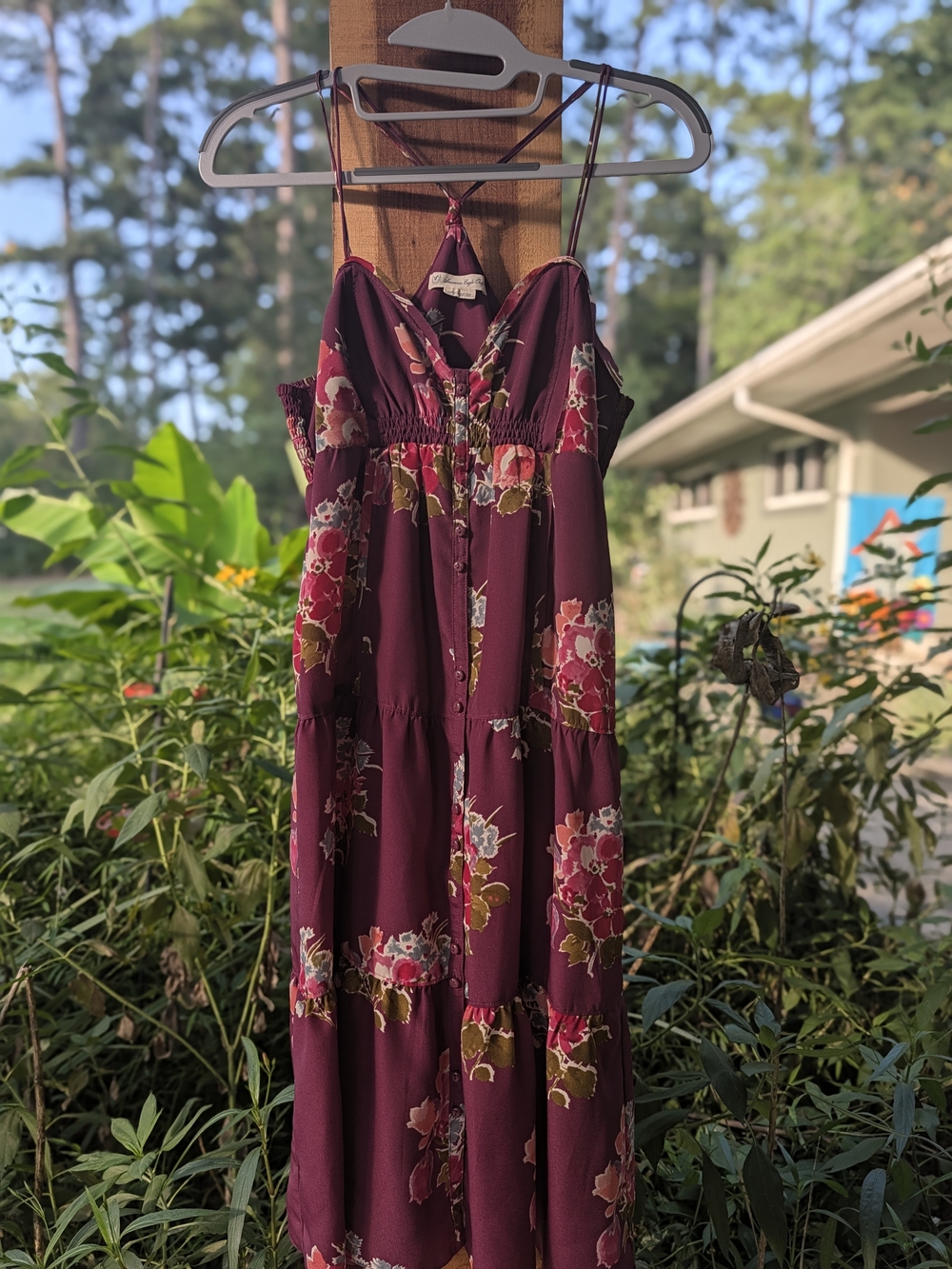 American Eagle Floral Burgundy Spaghetti-Strap Midi Dress